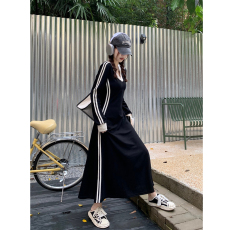 批发春秋季黑色长款过膝长裙女收腰显瘦大码胖mm200斤V领连衣裙子