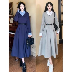 批发休闲学院风假两件蓝色<b class='q'>连衣裙</b>松本韩系气质收腰显瘦高级感灰色长裙