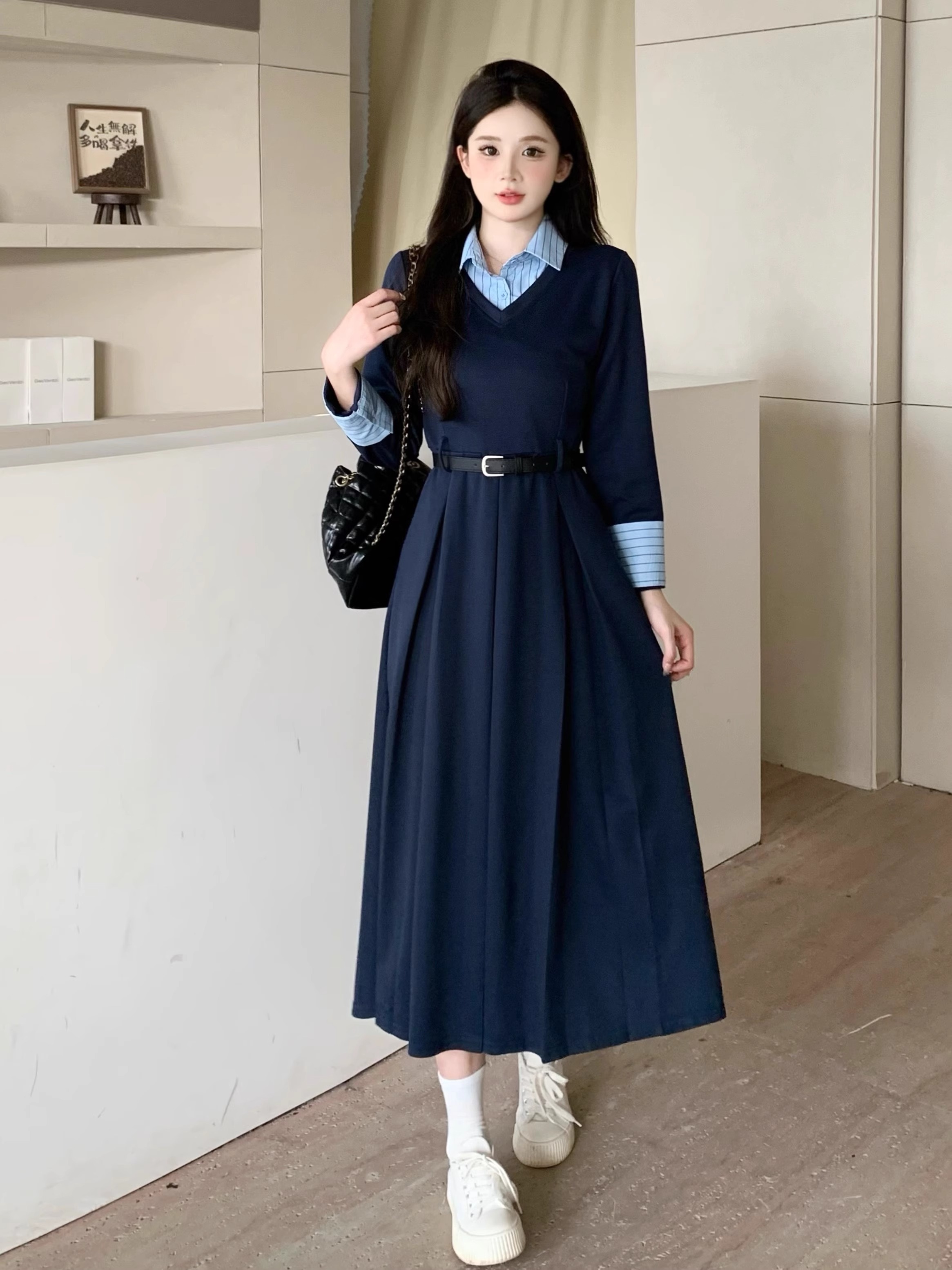 MY14593# 学院风条纹衬衫拼接假两件长裙气质高级显瘦收腰设计感长袖连衣裙女裝貨源服裝批發