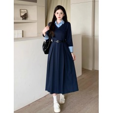 批发学院风条纹衬衫拼接假两件长裙气质高级显瘦收腰设计感长袖<b class='q'>连衣裙</b>