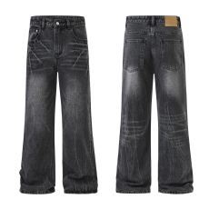 批发2024秋冬新款闪电龟裂黑牛美式复古宽松微喇牛仔裤男潮cleanfit裤