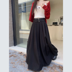 批发实拍实价~2025新款韩版垂坠感百褶裙超大摆西装半身<b class='q'>长裙女</b>有腰带