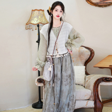 批发实拍新款汉元素针织褙子灯笼裤唐制天丝短衫细带长袖衬衣日常套装