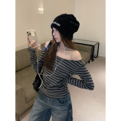 Actual shot of autumn and winter Korean style one-line off-the-shoulder contrasting stripes versatile pure cotton long-sleeved T-shirt top