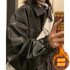 批发2025<b class='q'>街头</b>pu皮夹克秋冬美式慵懒chic宽松黑色加棉加厚皮衣外套女