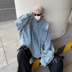 批发美式水洗复古情侣装牛仔<b class='q'>卫衣</b>连帽外套<b class='q'>男士</b>潮牌高街宽松帅气夹克衫