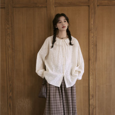 批发实拍2026春季新款日系森系木耳边宽松百搭长袖<b class='q'>衬衫</b>上衣女