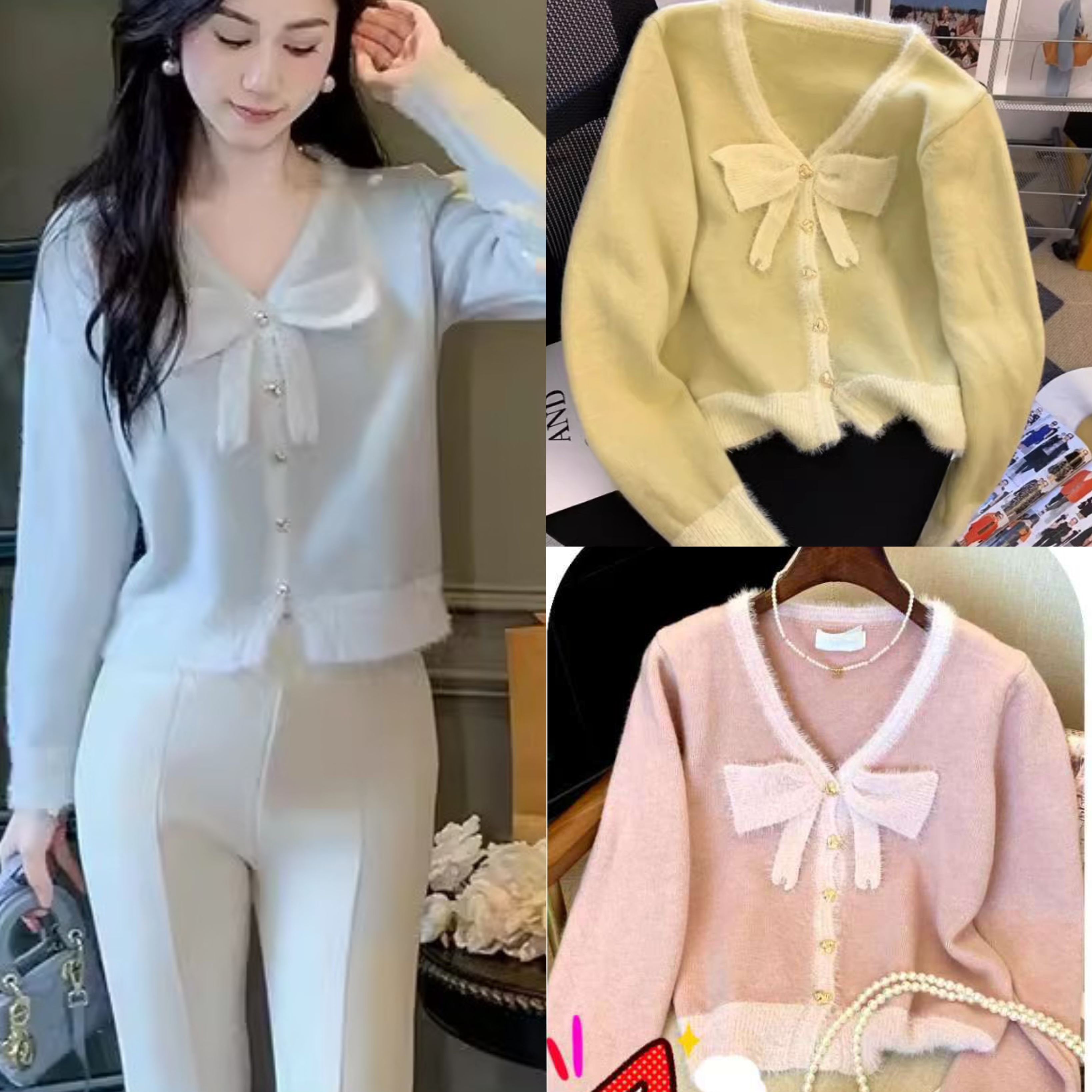 한 바람 물고기 토끼 ~ 중 토끼 V넥 스웨터 여자 새로운 봄 가을 부드러운 바람 나비 매듭 싱글 줄 버튼 오픈 가디건 맨위