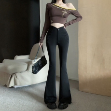 批发实拍实价 设计感V字高腰微喇叭休闲<b class='q'>裤</b>女秋季直筒<b class='q'>裤</b>子<b class='q'>修身</b>拖地长<b class='q'>裤</b>