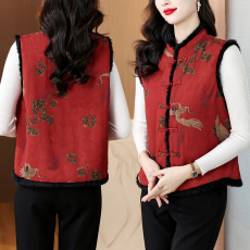 批发2024秋冬羽绒棉保暖无袖马甲外套女夹棉复古中式国风盘扣印花外套