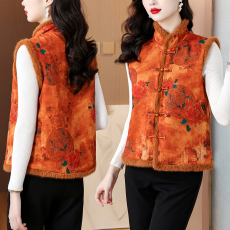 批发2024秋冬羽绒棉保暖无袖马甲外套女夹棉复古中式国风盘扣印花外套