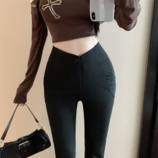 批发实拍实价 设计感V字高腰微喇叭休闲<b class='q'>裤</b>女秋季直筒<b class='q'>裤</b>子<b class='q'>修身</b>拖地长<b class='q'>裤</b>