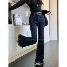 批发实拍实价~新款<b class='q'>弹力</b>高腰修身显瘦设计感流苏毛边微喇叭拖地<b class='q'>牛仔裤</b>