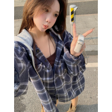 批发复古连帽格子衬衫女2025新款韩版宽松慵懒风小个子衬衣防晒外套