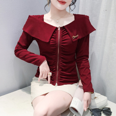 批发实拍2026<b class='q'>春</b>季新款一字肩拉链T恤女设计感荷叶边上衣修身显瘦长袖