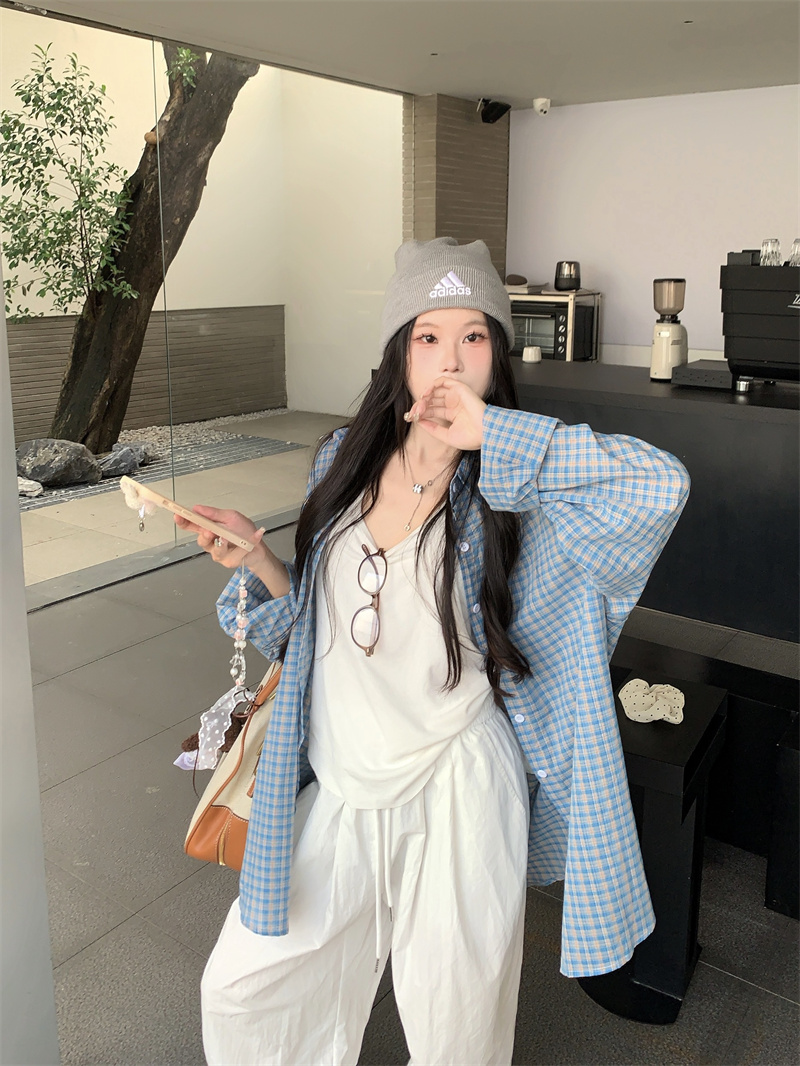實拍~藍色格子慵懶風休閒寬鬆簡約撞色防曬襯衫