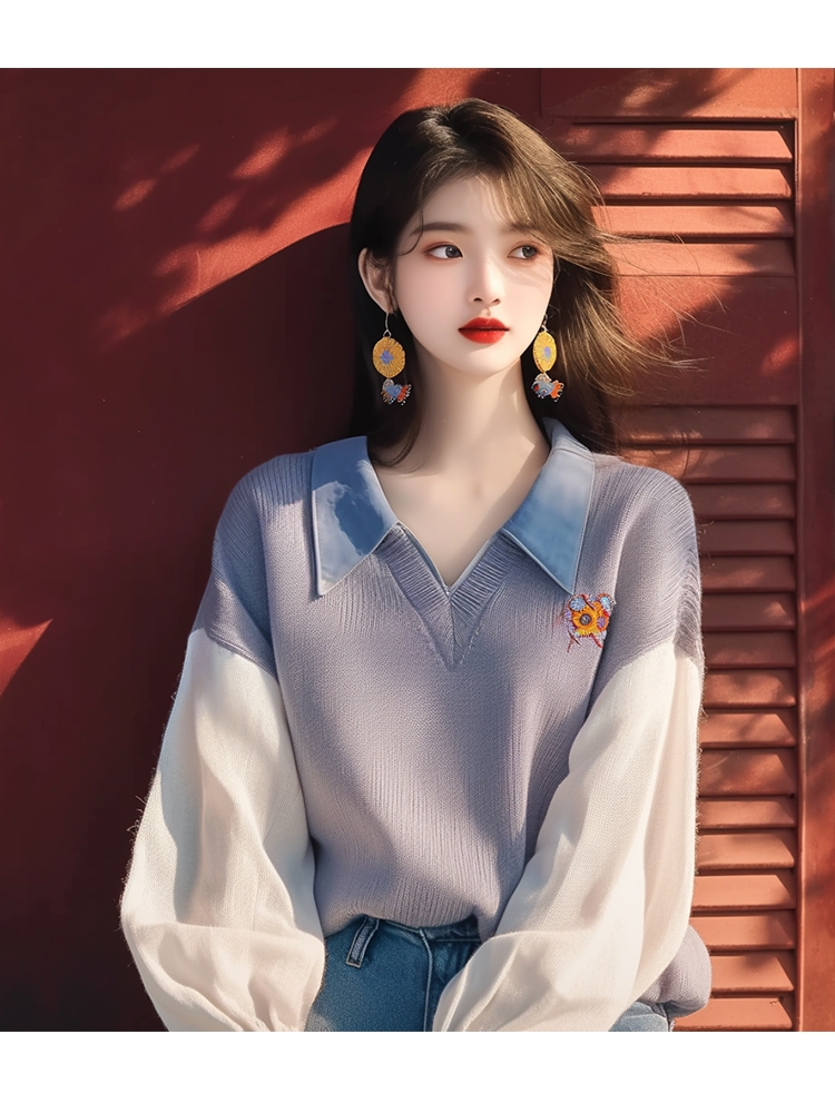 이른 가을 새로운 폭발 스웨터 작은 대중 외국 가스 루즈핏 슬림해 보이는 부드러운 바람 페이크 레이어드 회색 니트 POLO 셔츠 여성