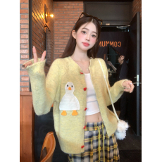 批发实拍 大码设计感可爱针织开衫毛衣外套+复古格子高腰显瘦休闲裤女