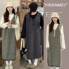 批发新品~2024<b class='q'>秋</b>冬套装韩版时尚宽松上衣加厚条纹背心裙两件套