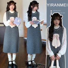 批发新品~2024<b class='q'>秋</b>冬新款蕾丝打底➕兔子马甲减龄连衣裙两件套套装