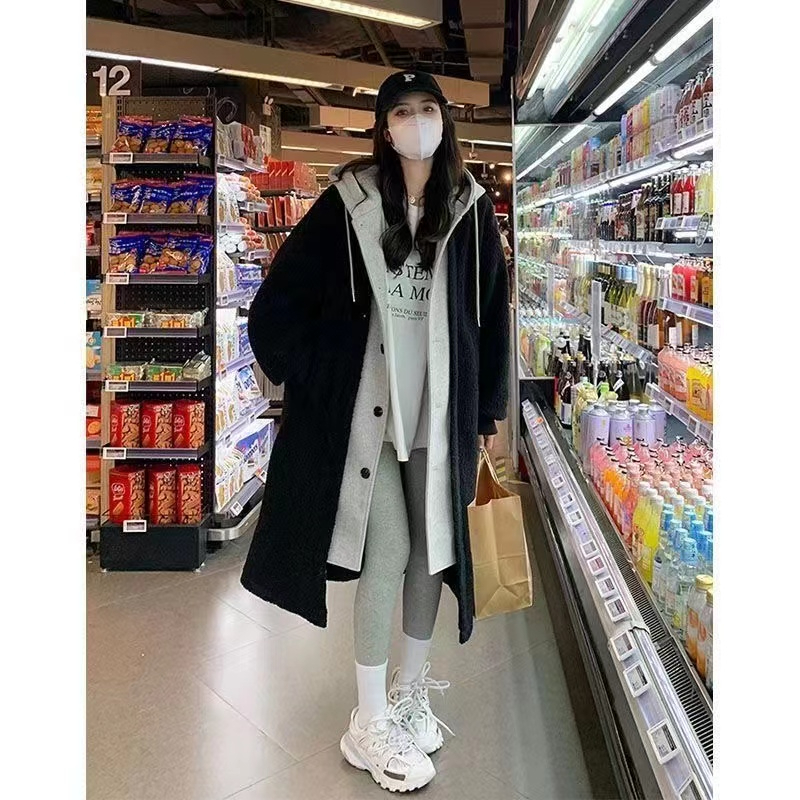 Korean chic long coat with lambskin, versatile loose-fitting fashionable coat, trendy INS style