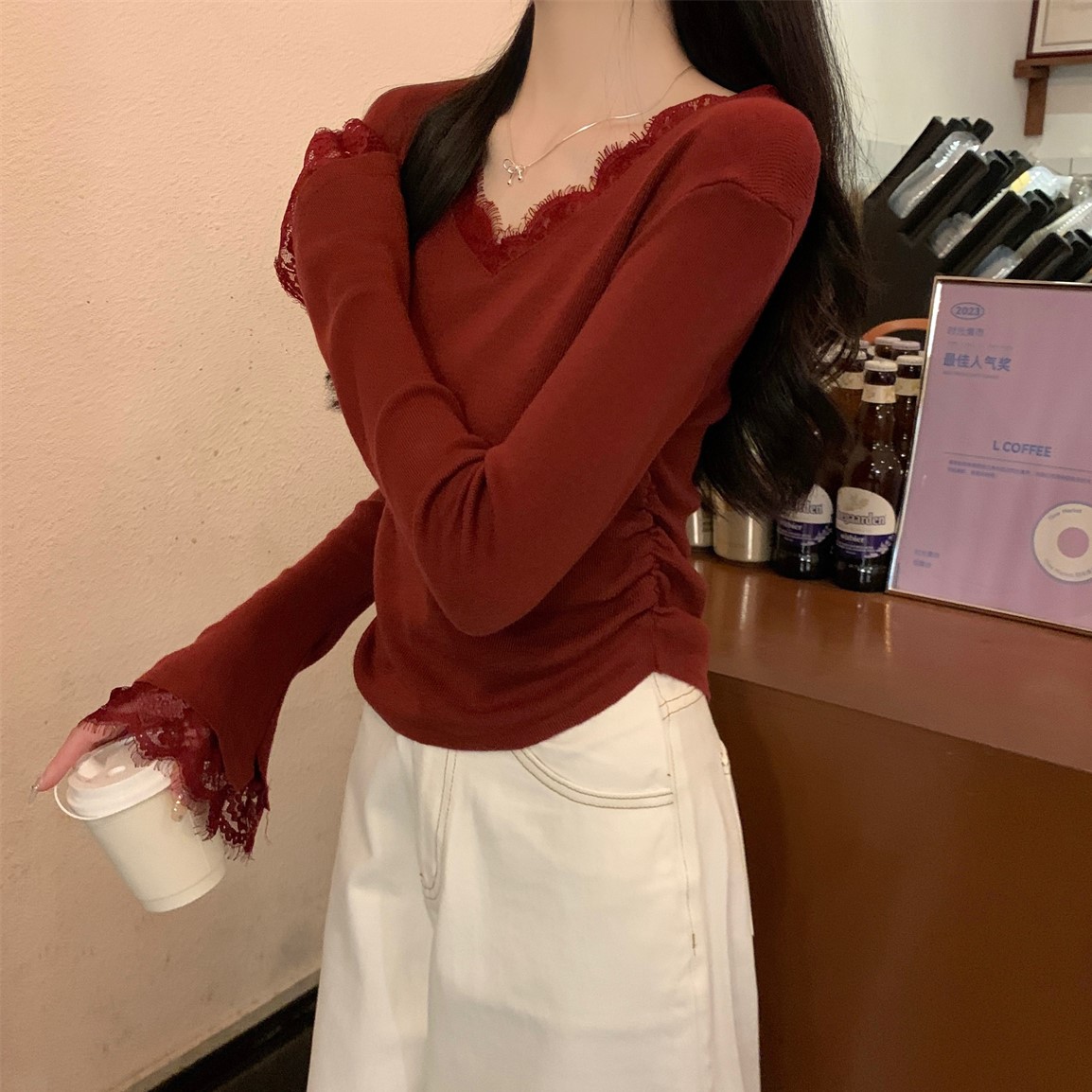 Real shot of autumn and winter Korean style v-neck temperament lace with trumpet sleeves 6 wool sweater long-sleeved bottoming top