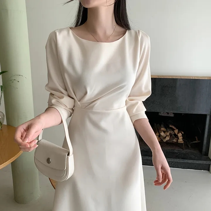 한국 chic 봄 새로운 프랑스식 빛 럭셔리 패션 품격 주름 장식 허리 수축 슬림해 보이는 드레스