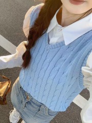 妒紗2024春季新款藍色馬甲背心疊穿甜美少女馬甲