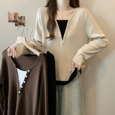 批发实拍~胖MM大码撞色假两件<b class='q'>针织</b>毛衣宽松显瘦<b class='q'>上衣</b>