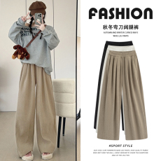 批发卡其色宽松阔腿裤女春秋2025新款高腰垂感显瘦慵懒风拖地弯刀裤子