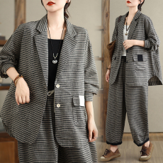 批发实拍 大码女装条纹休闲套装宽松显瘦时尚洋气复古小<b class='q'>西装</b>裤子秋