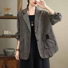 批发实拍 大码女装棉麻西装<b class='q'>外套</b>宽松显瘦<b class='q'>气质</b>条纹拼接西服上衣秋