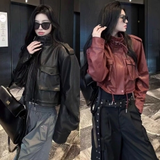 批发网红同款2024秋季新款美式辣妹卡扣领口工装口袋PU皮夹克皮衣外套