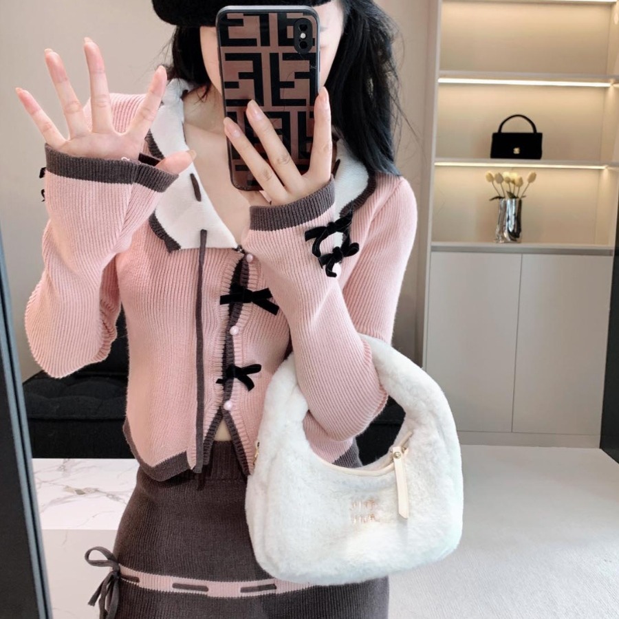 2024 Knitted Sweater Autumn Pink One Shoulder Strap Long Sleeve Wool Knitted Sweater Top Two-piece Set