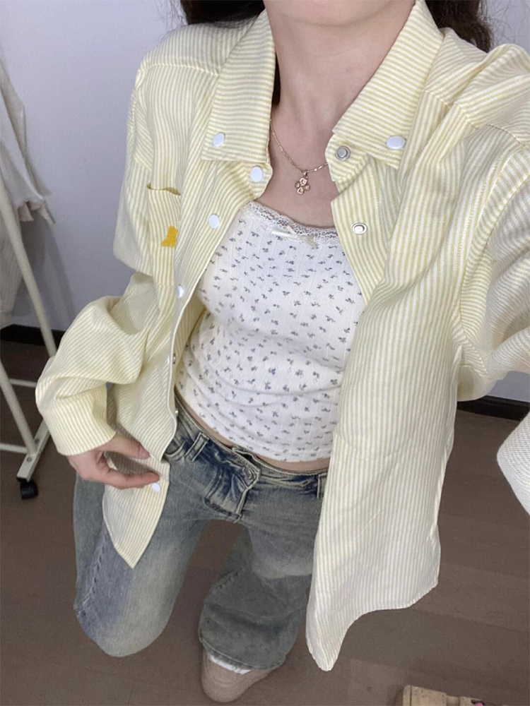 Original fabric + toothbrush embroidery American retro yellow striped Polo collar shirt jacket for women spring and autumn