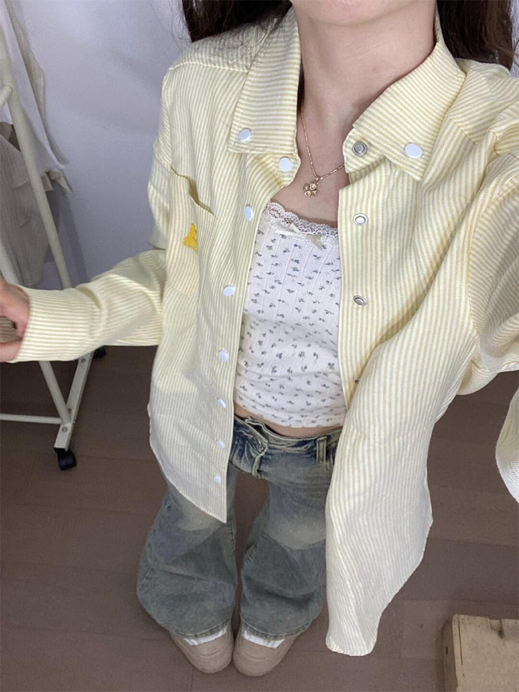 Original fabric + toothbrush embroidery American retro yellow striped Polo collar shirt jacket for women spring and autumn