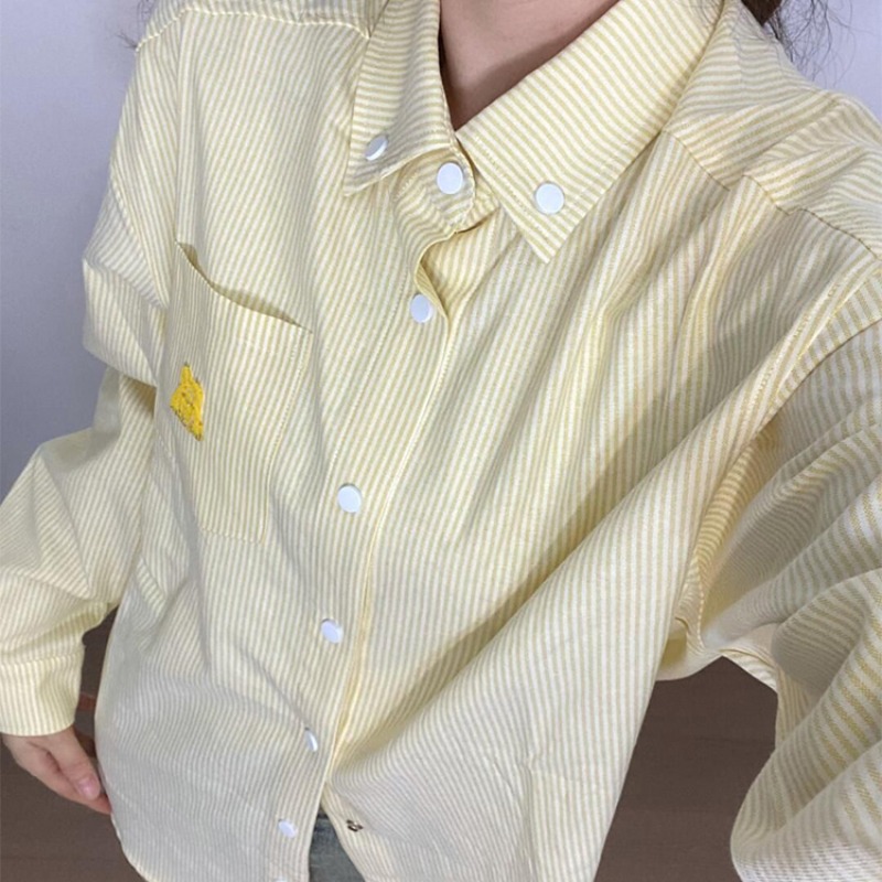 Original fabric + toothbrush embroidery American retro yellow striped Polo collar shirt jacket for women spring and autumn