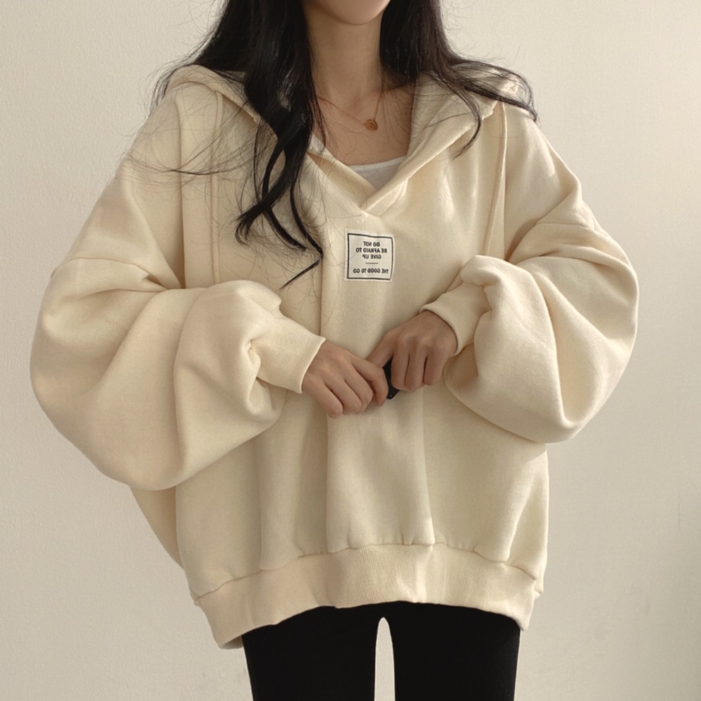 후아 면 복합 우유 실크 느긋한 바람 배트윙 소매 루즈핏 V넥 후드 맨위 풀오버 스웨트셔츠 여성 코트
