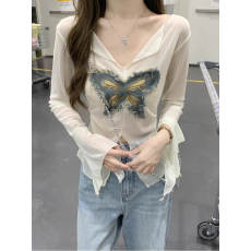 批发<b class='q'>外贸</b>韩版春秋法式蝴蝶辣妹开叉防晒长袖T恤女春收腰显瘦罩衫上衣