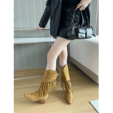 批发高跟长筒靴2024新款尖头粗跟美拉德流苏瘦瘦短靴中高筒靴子女<b class='q'>春</b>秋