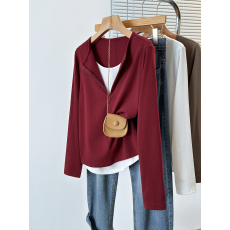 批发<b class='q'>实拍</b>2026春装新款胖mm<b class='q'>大码</b>女休闲撞色假两件半开领长袖T恤