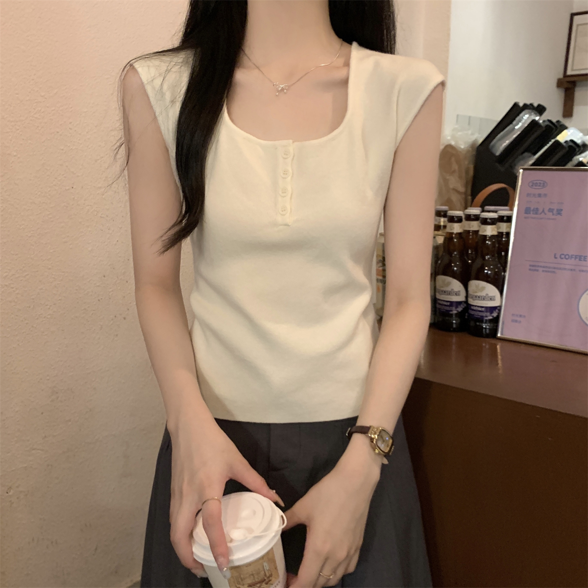 Actual shot of autumn and winter Korean style square collar buttoned and versatile Andy velvet thick knitted sweater with sleeveless top