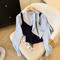 批发实拍2025新款春秋针织假两件时髦长袖<b class='q'>衬衫</b>女设计感小众独特上衣