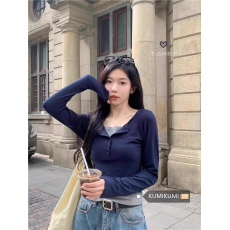 批发韩国外贸小众设计感拼接假两件长袖<b class='q'>T</b><b class='q'>恤</b>女春季修身显瘦短款上衣