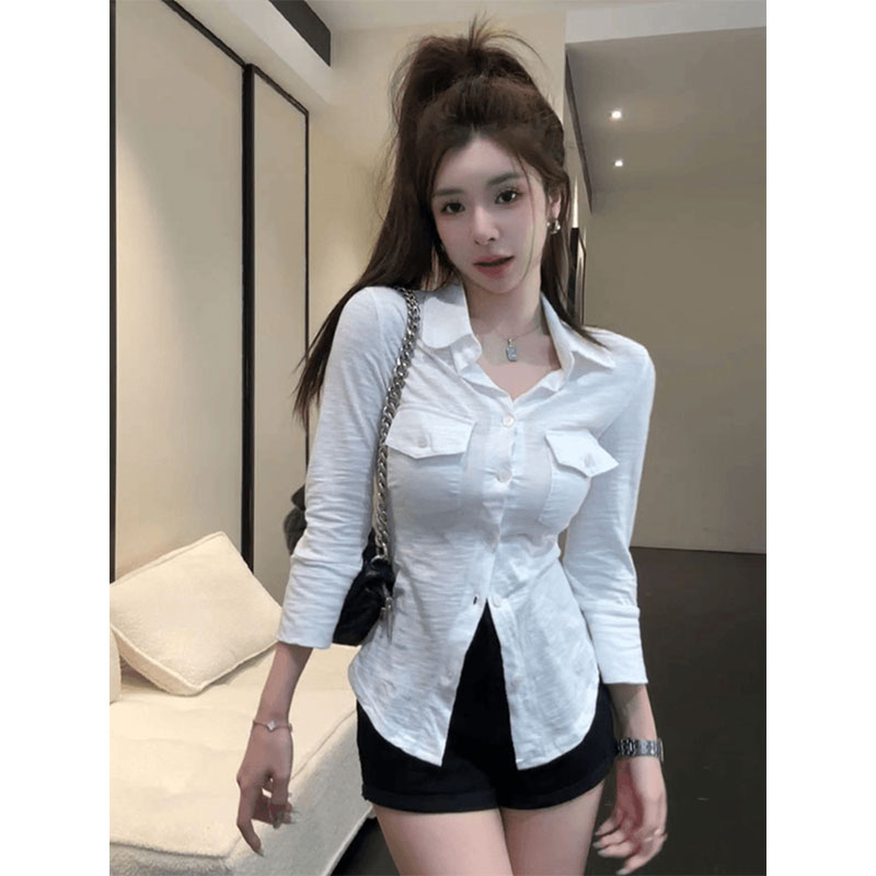 원본 대나무 마디 원단 느낌 긍정적 인 순수한 욕망 폴로 칼라 긴팔 여성 셔츠 새로운 핫걸 슬림해 보이는 다용도 맨위