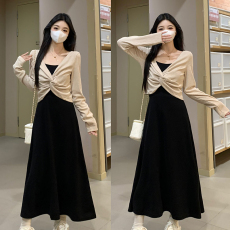 批发<b class='q'>大码</b>胖mm法式吊带连衣裙两件套女秋冬设计感小众长袖针织开衫