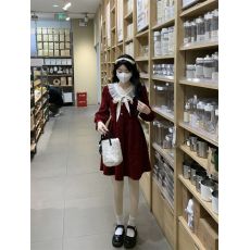 批发法式蕾丝拼接蝴蝶结系带收腰显瘦泡泡长袖<b class='q'>连衣裙</b>女装