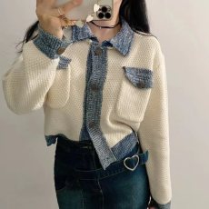 批发韩版chic撞色翻领毛衣外套女设计感小众单排扣春秋长袖针织衫上衣