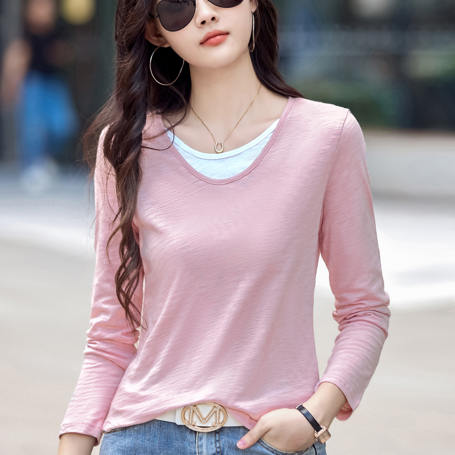 MY17126# 大码洋气显瘦宽松V领假两件长袖T恤新款纯棉宽松上衣打底衫...