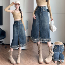 批发实拍<b class='q'>牛仔</b>半身裙女秋季百搭高腰遮胯a字春秋中长款开叉包臀裙